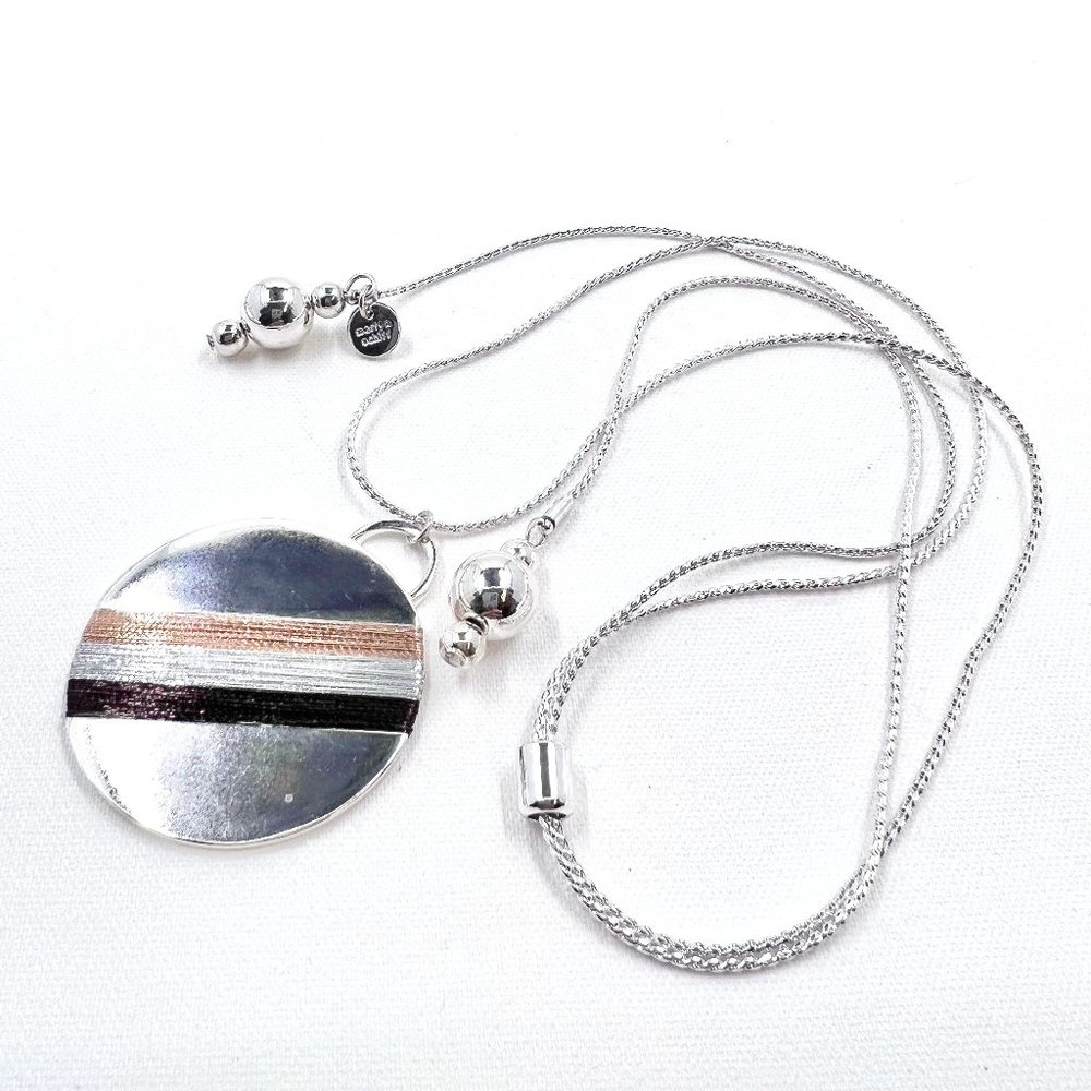 Marlyn Schiff - Tri-Color Strip Silver Tone Pendant Slide Adjustable Necklace